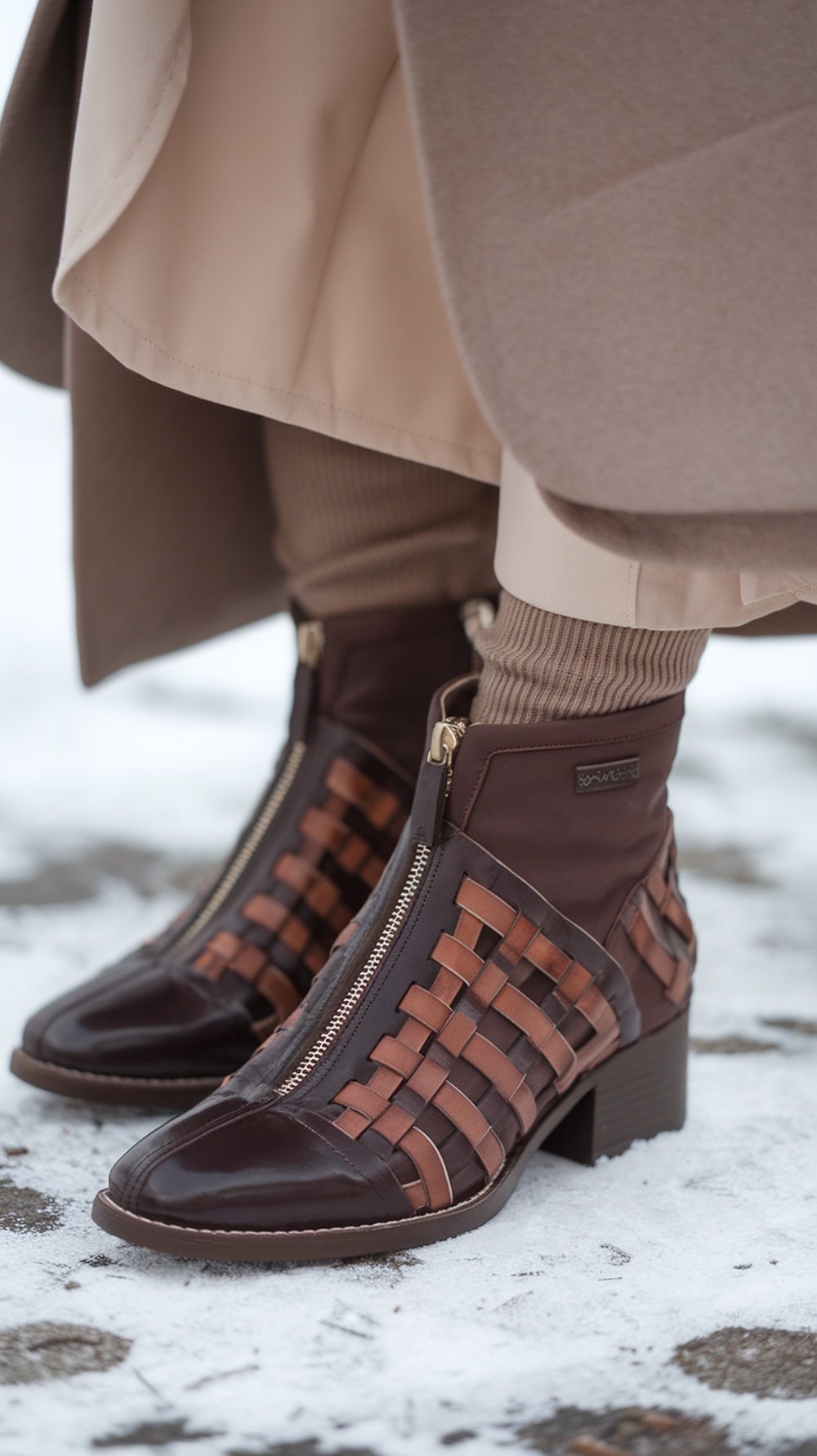 Stylish brown woven boots suitable for winter outfits