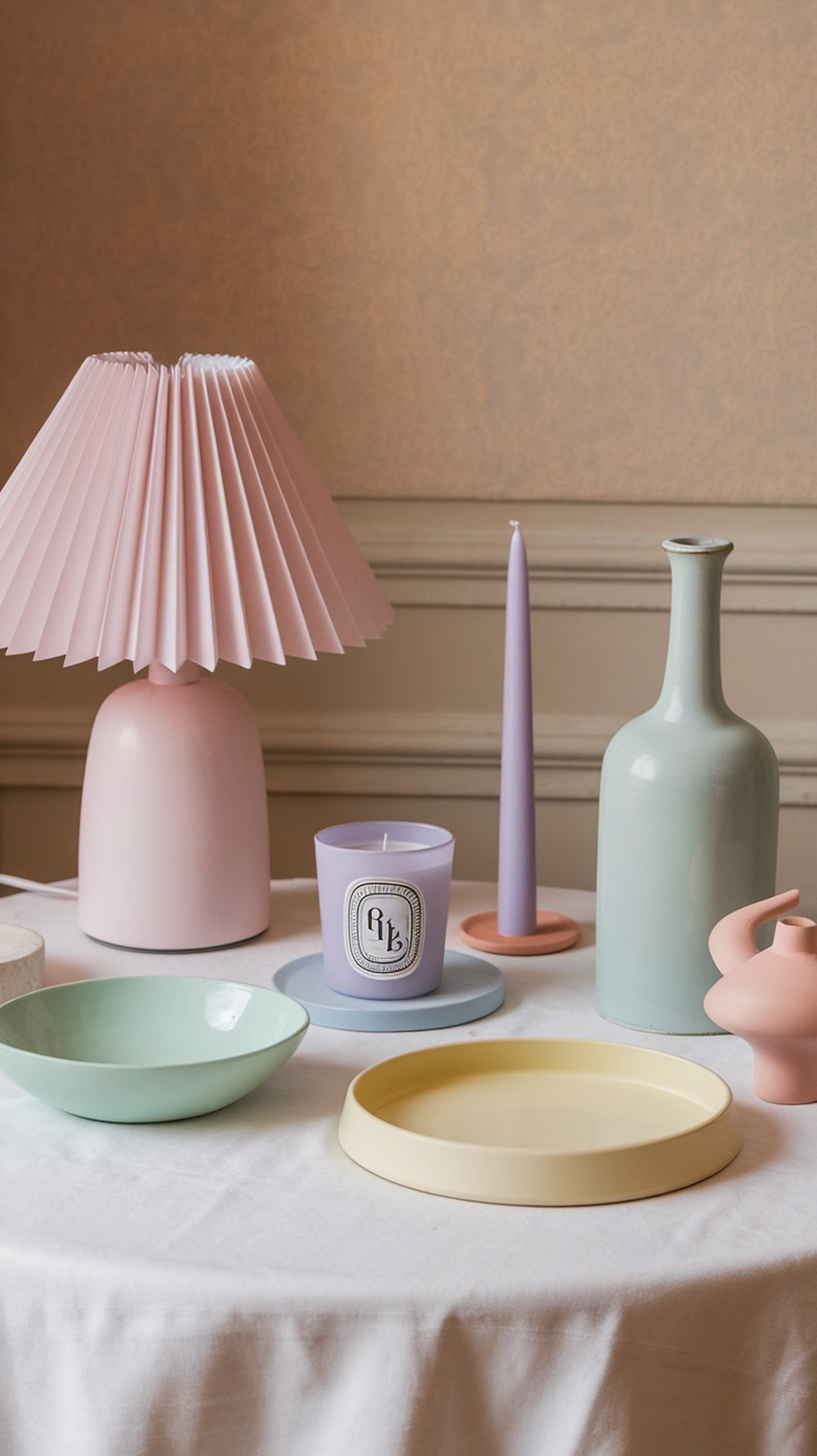 A collection of pastel-colored home decor accessories including a lamp, candle, and bowls on a table.