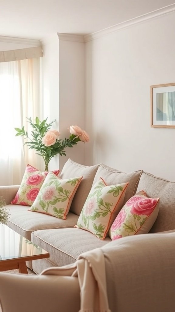 A cozy living room with a beige sofa decorated with floral cushions and a soft throw blanket.