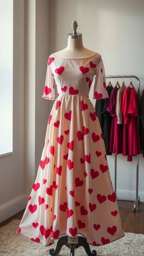 A romantic heart print dress with pink hearts on a white background, displayed on a mannequin.
