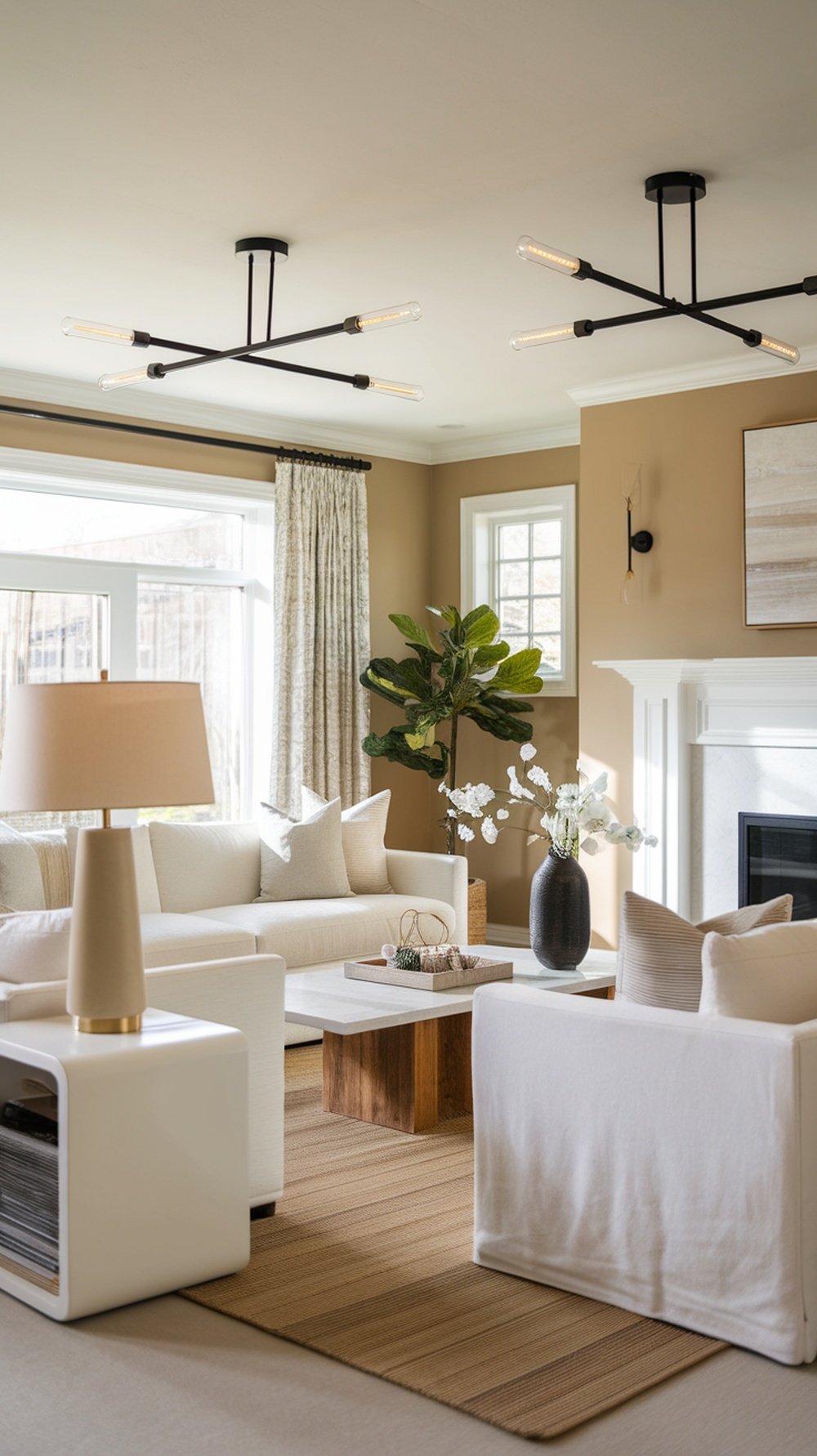 A modern living room featuring stylish lighting fixtures, a cozy sofa, and decorative plants.