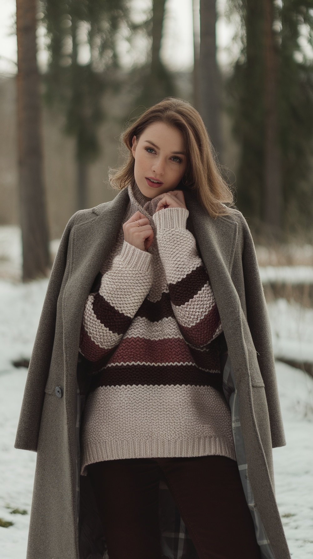 A woman in a cozy winter outfit featuring a chunky knitted sweater and a tailored coat, surrounded by a snowy forest.