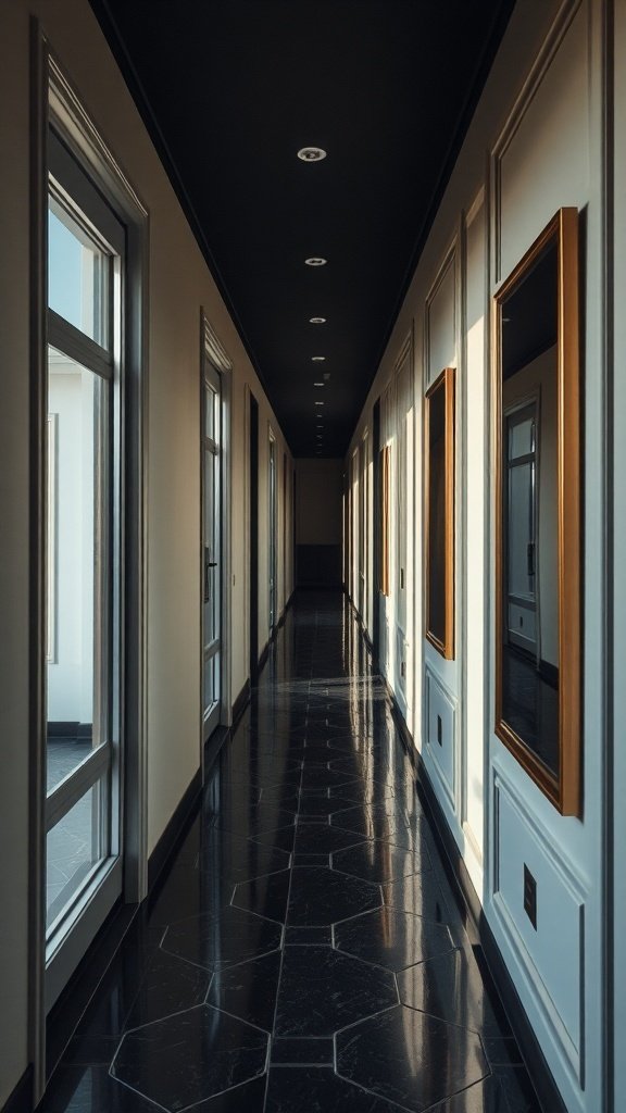A long hallway with windows and mirrors, showcasing a light and airy decor style.
