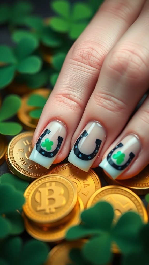Nail art featuring a black horseshoe and green shamrock on a light background, surrounded by gold coins and clovers.