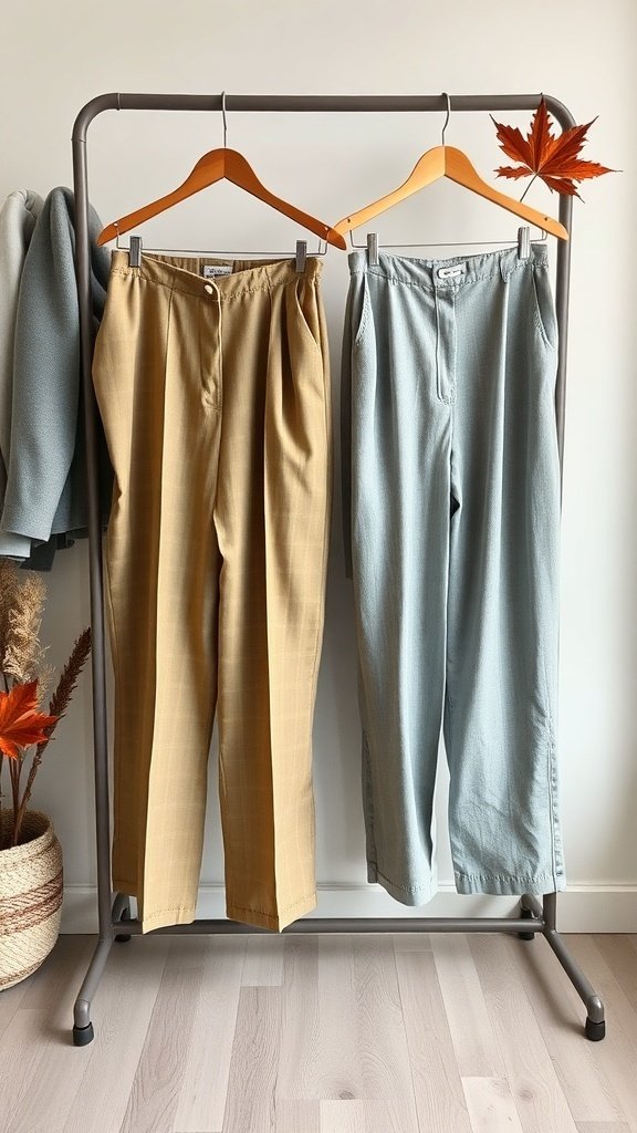 Two pairs of pants on a rack: one wool plaid pair in warm tones and one light blue linen pair.