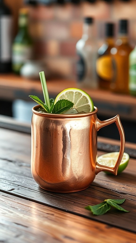 A copper mug filled with a refreshing Celtic Mule cocktail, garnished with lime and mint.