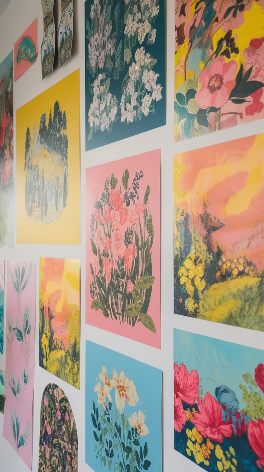 A collection of colorful floral artwork displayed on a wall, showcasing various styles and colors.