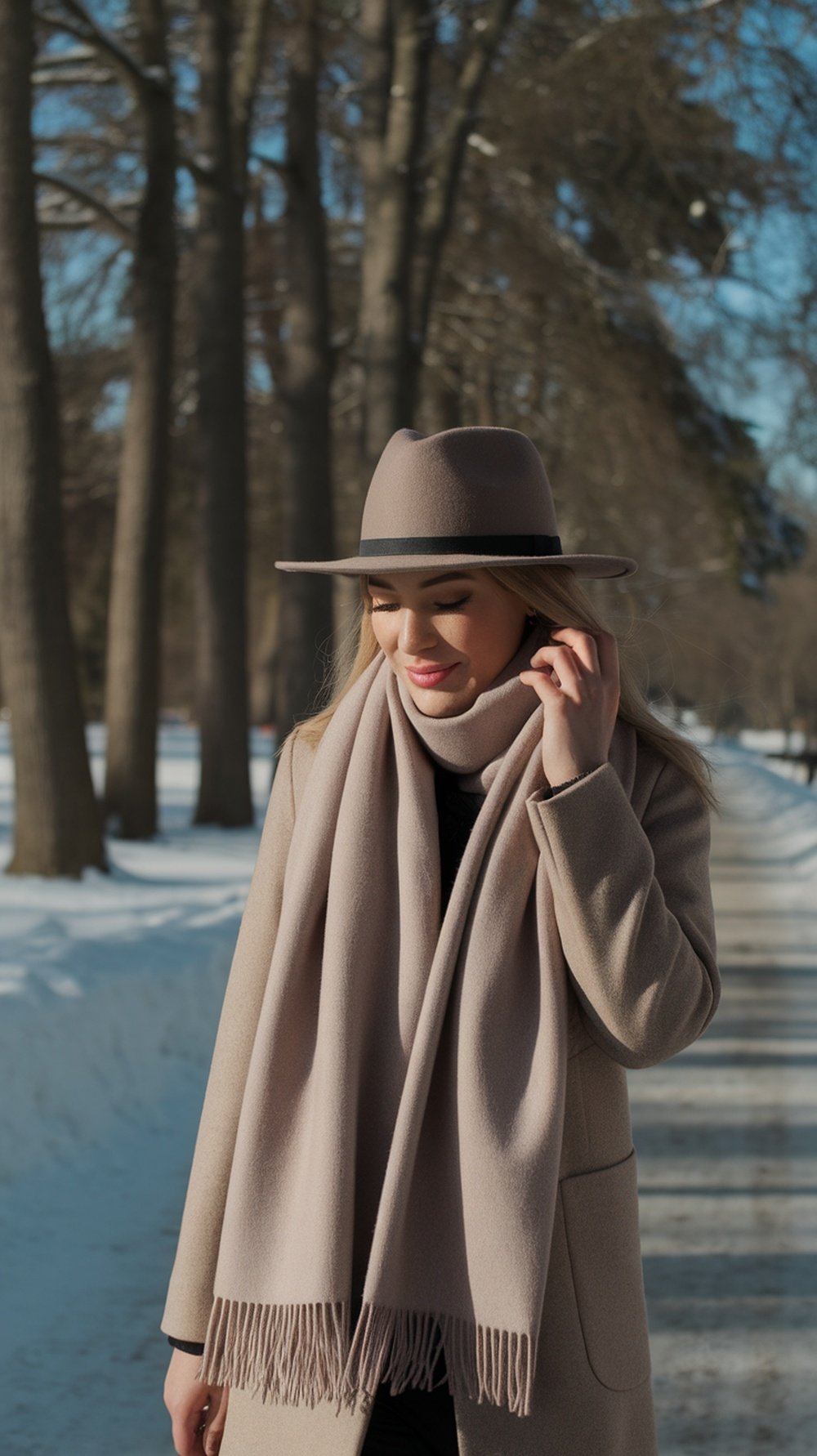 A woman in a winter outfit wearing a neutral scarf and hat, walking in a snowy park.