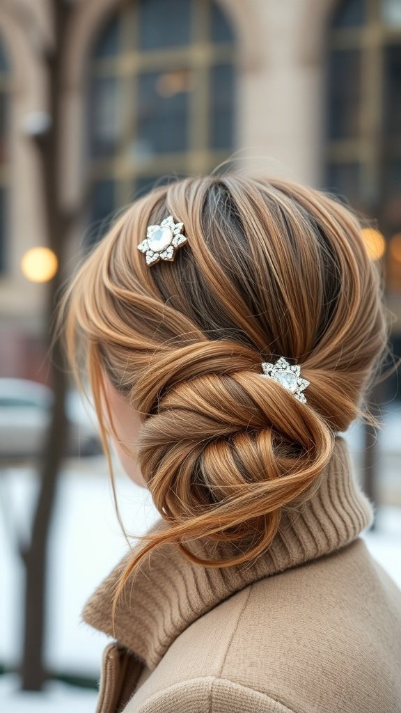A woman with a textured low bun hairstyle, adorned with decorative hair accessories, wearing a cozy sweater.