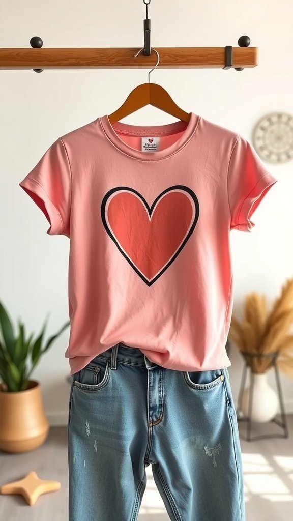 Casual heart graphic tee displayed on a hanger with jeans