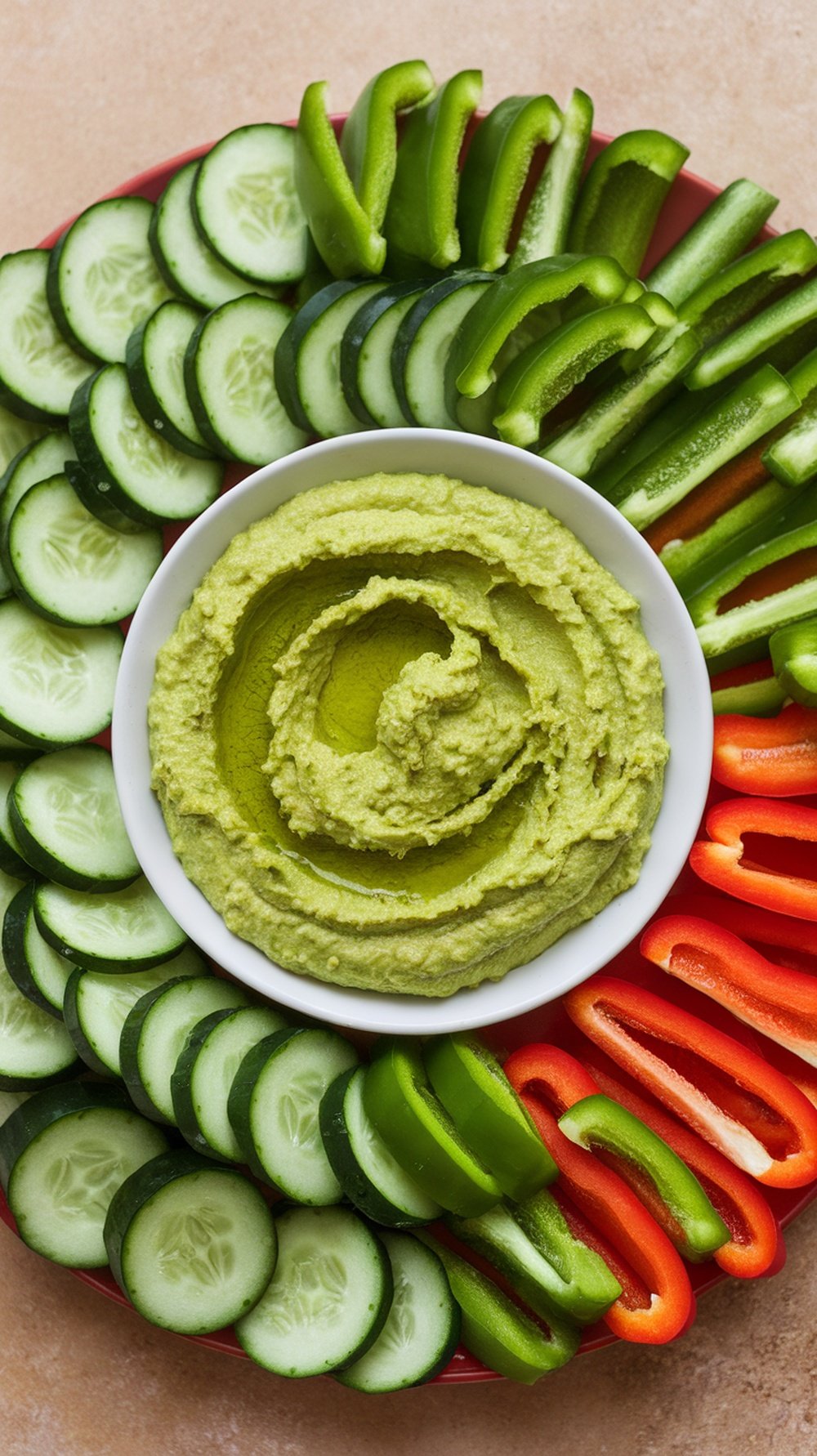 A green veggie platter featuring sliced cucumbers, green bell peppers, and hummus in the center.