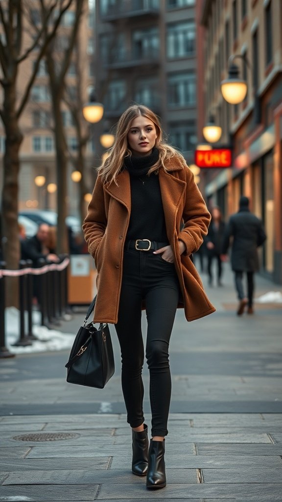 A woman walking in a city street wearing a brown coat, black turtleneck, black skinny jeans, and ankle boots.