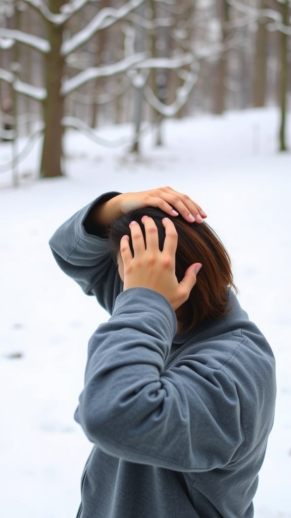 A person massaging their scalp in a snowy outdoor setting, emphasizing scalp care in winter.