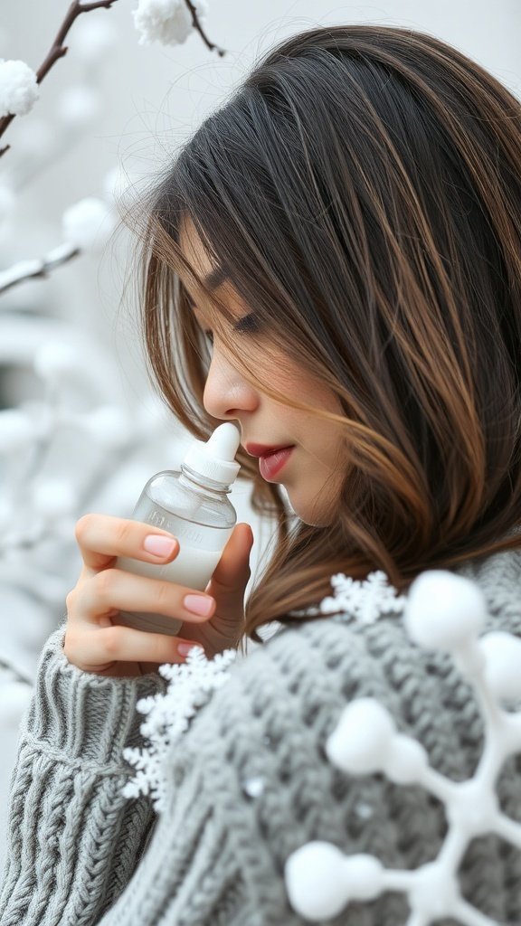 A person holding a bottle of hair serum, wearing a cozy sweater, surrounded by snowy branches.