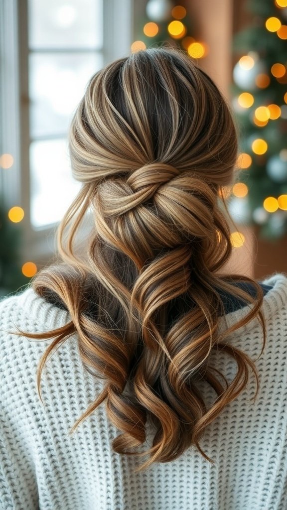 A woman with a low bun hairstyle featuring soft waves, wearing a cozy sweater, with a festive background.