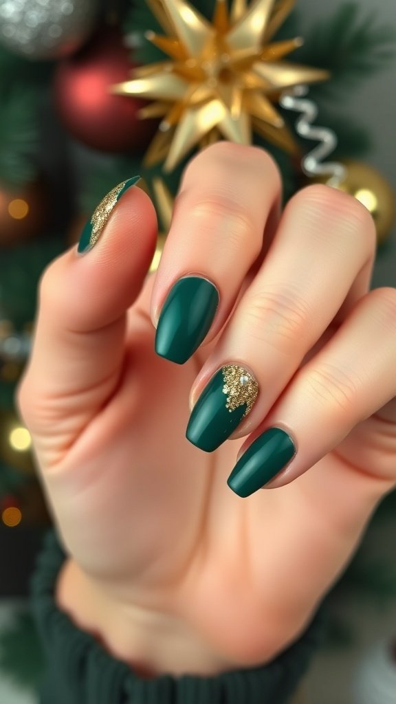 Nail design featuring deep emerald green with gold glitter accents