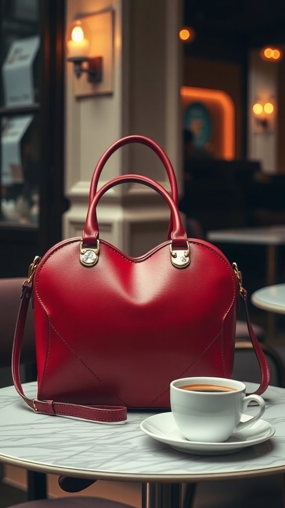 A heart-shaped red handbag placed on a table next to a cup of coffee.