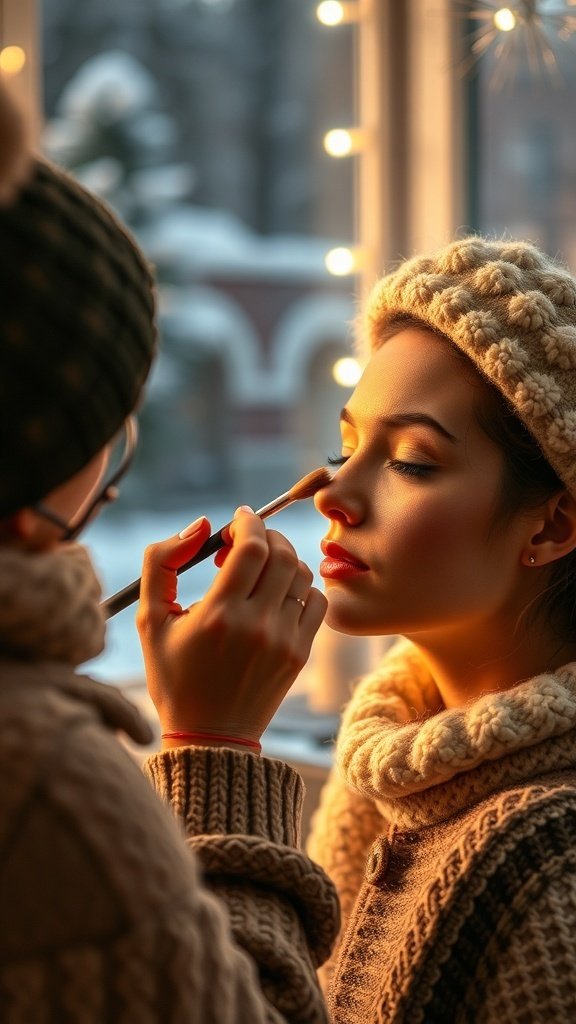 A person getting makeup applied in a cozy winter setting, focusing on achieving a radiant foundation look.