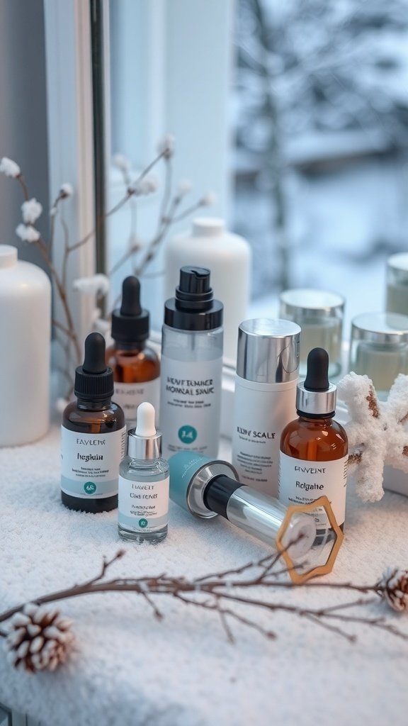 A collection of skincare products on a snowy windowsill, featuring various serums and moisturizers for a winter skincare routine.
