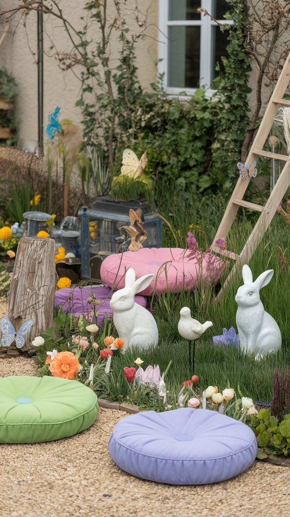 A colorful outdoor garden scene with cushions, white rabbit decorations, and flowers.