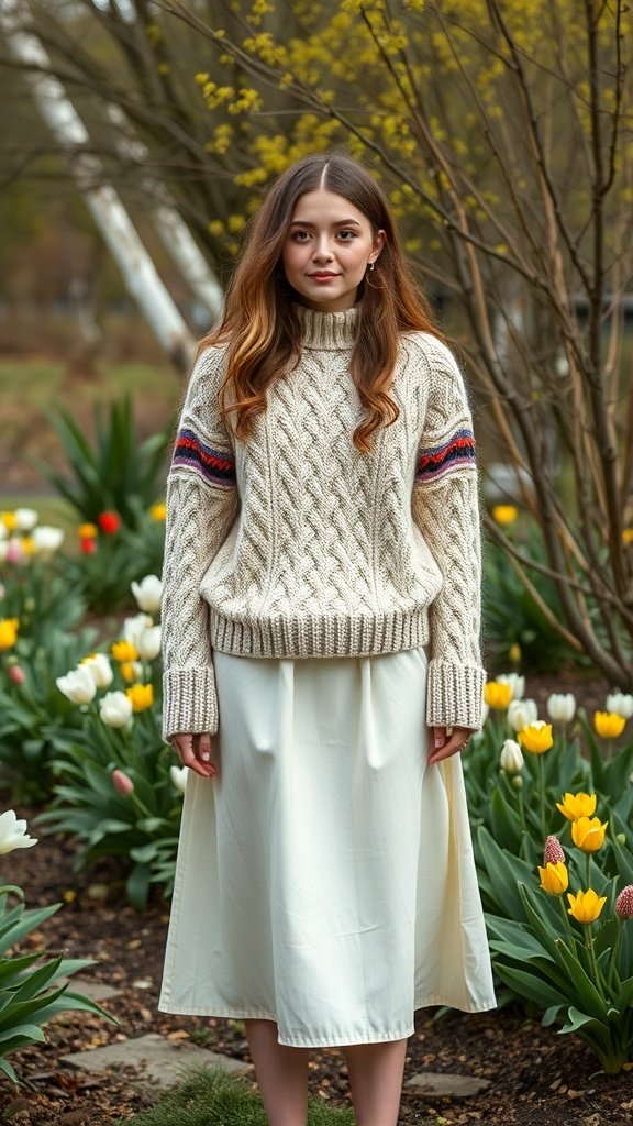 A young woman wearing a chunky knit sweater and a light skirt, standing among spring flowers.