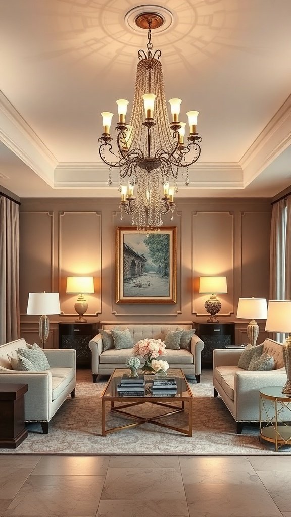 A feminine living room featuring an elegant chandelier and soft lighting from table lamps.