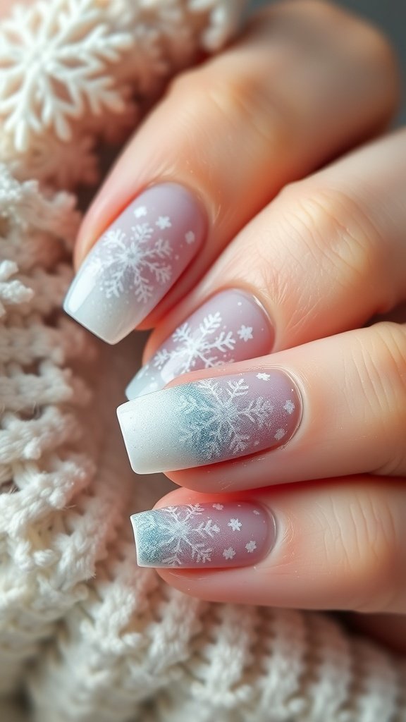 Close-up of winter-inspired nail art featuring snowflakes on a soft gradient background.