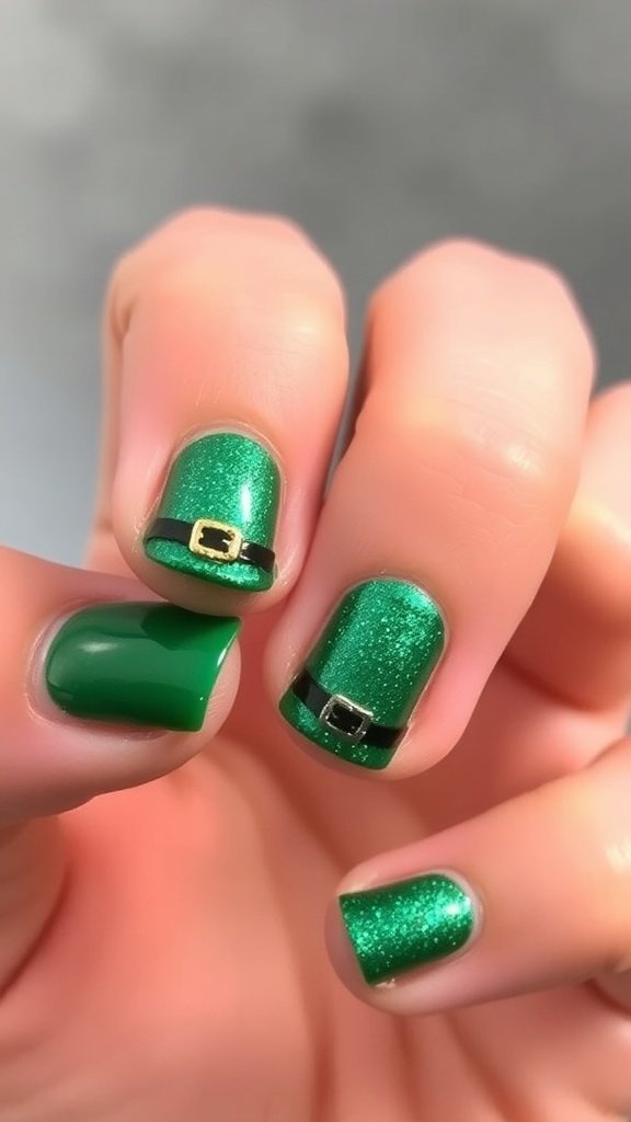 Nails decorated with glittery leprechaun hats and green polish, surrounded by shamrocks.