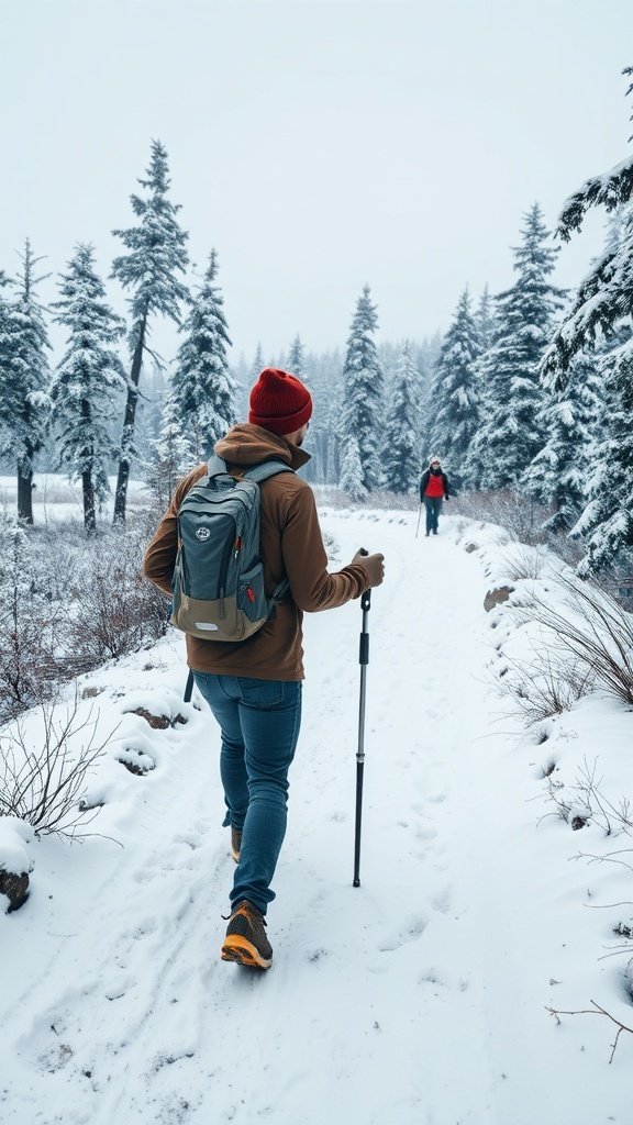 A person hiking on a snowy trail wearing winter gear, including a brown jacket, red beanie, and carrying a backpack.