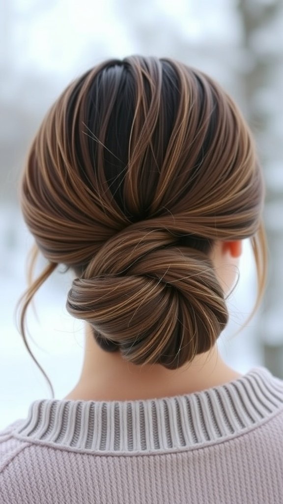 A sleek low bun hairstyle with a center part, showcasing smooth hair and soft highlights.