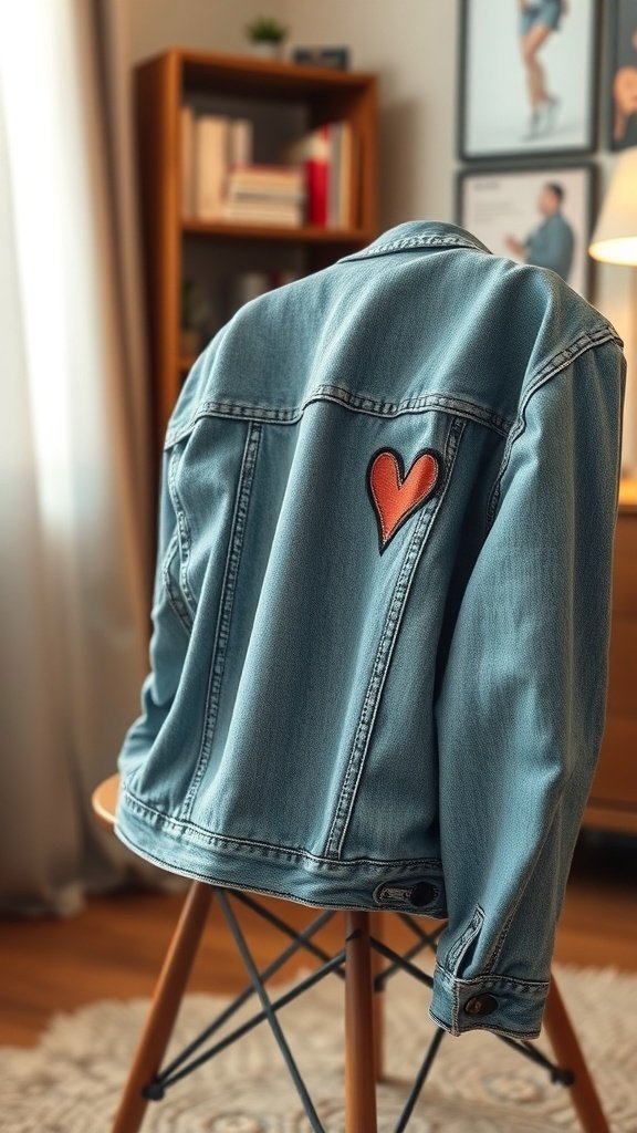 A light blue denim jacket with a heart embroidery on the back, displayed on a chair in a cozy room.