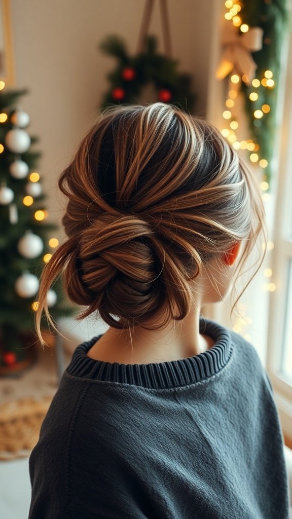 A woman with a messy low bun hairstyle, featuring face-framing strands, set against a festive winter background.