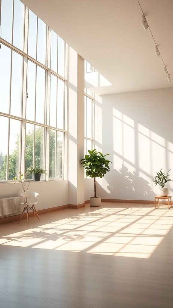 Bright room with large windows, plants, and minimalist decor