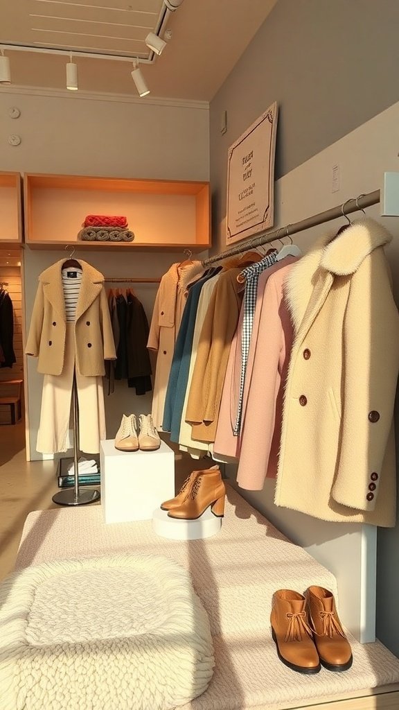 A cozy boutique displaying winter fashion, including coats and shoes in soft colors.
