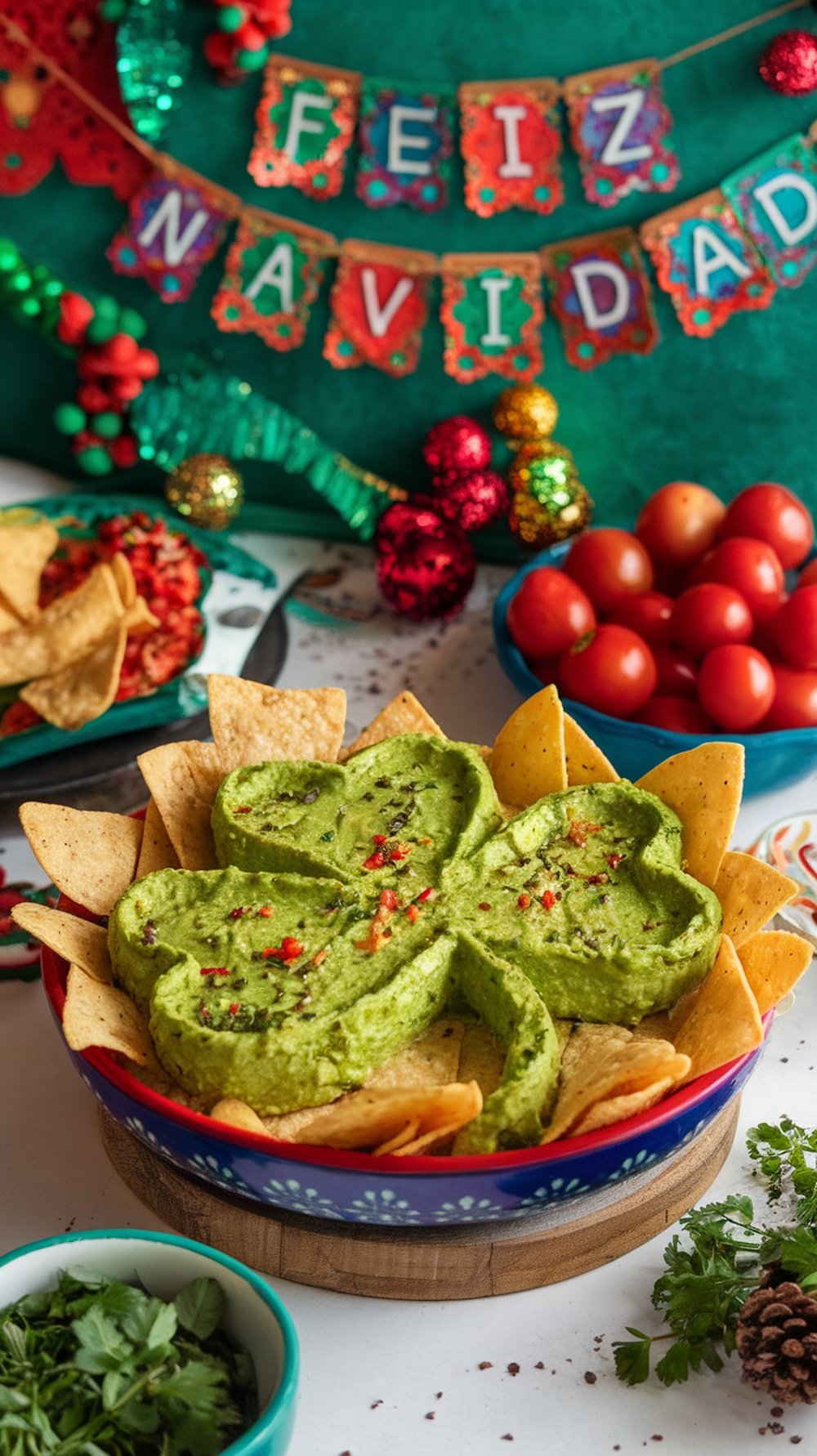 A bowl of shamrock-shaped guacamole surrounded by tortilla chips, with festive decorations in the background.