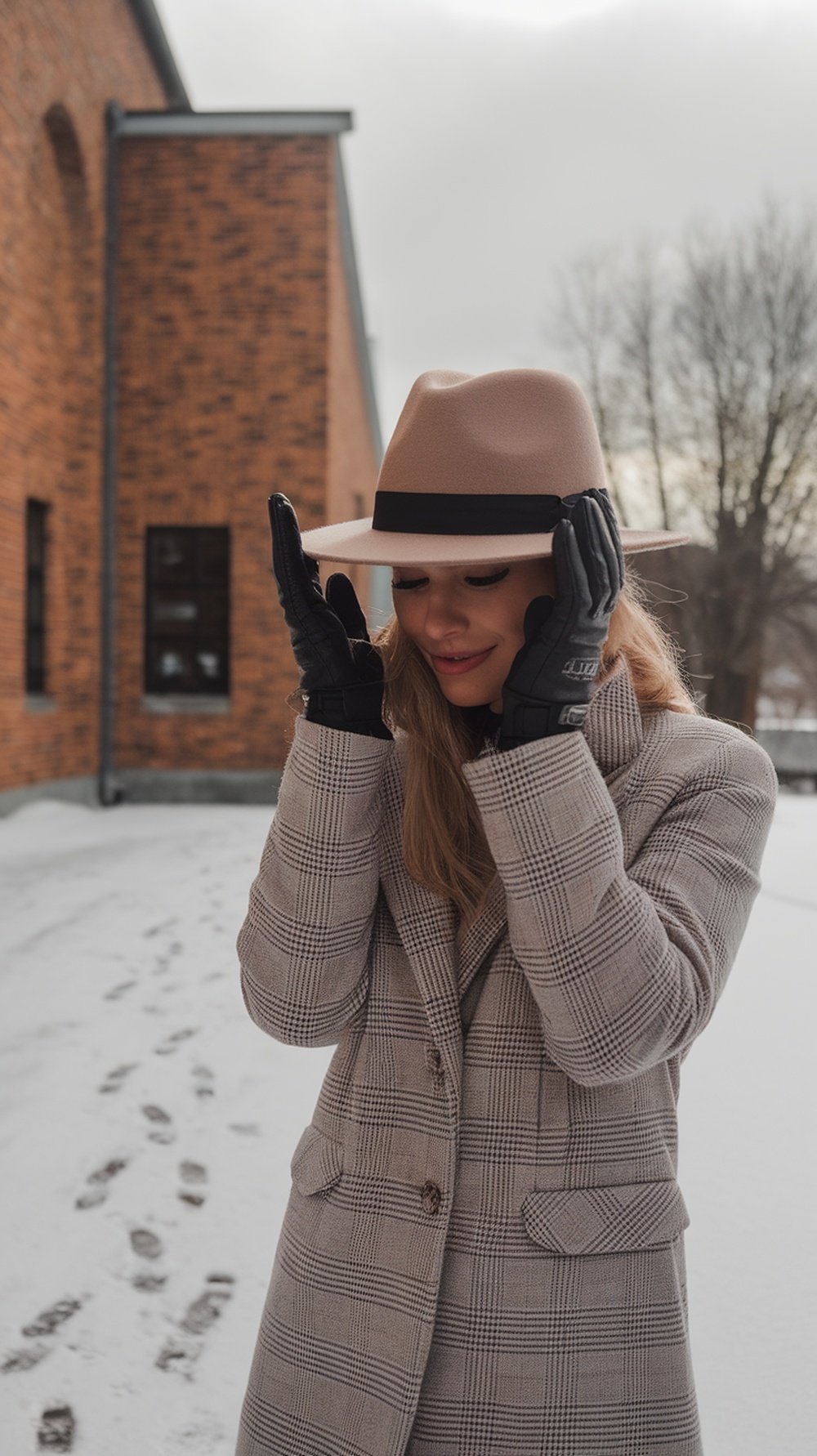 A woman in a plaid coat, wearing a hat and gloves, standing in a snowy environment.