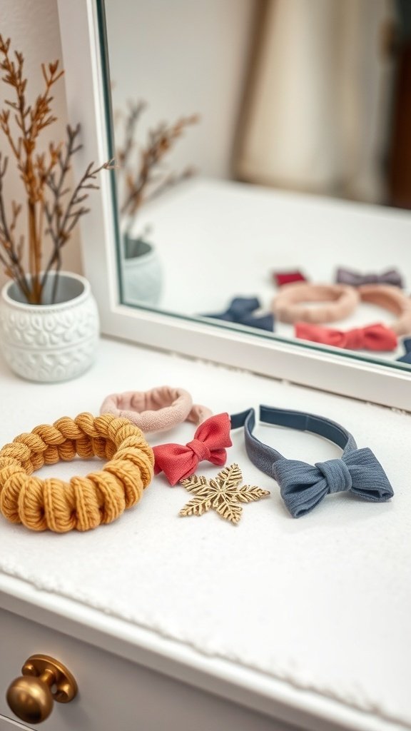 A selection of minimalist hair accessories including scrunchies and bows on a vanity.