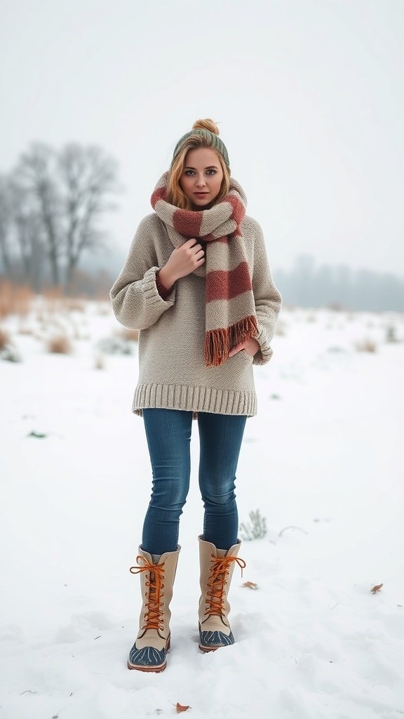 A woman in a cozy oversized sweater and scarf stands in the snow, wearing stylish boots and jeans.