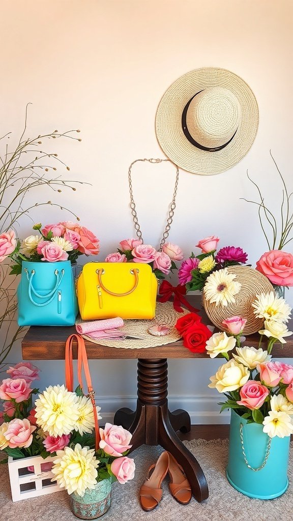 A display of brightly colored accessories including turquoise and yellow bags, a straw hat, and flowers on a wooden table.