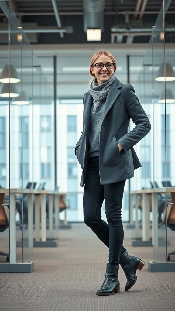 A person in a smart casual winter outfit, featuring a coat, sweater, scarf, and ankle boots, standing in an office space.