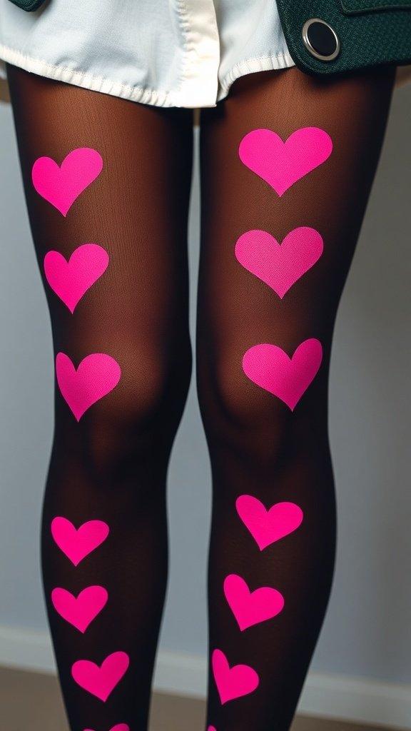 A close-up of legs wearing vibrant heart-patterned tights with red, blue, and purple hearts, set against a backdrop of pink petals.
