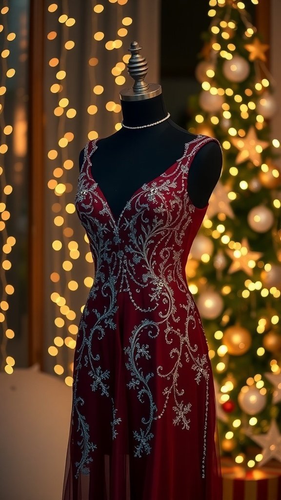 A red evening dress with silver embroidery displayed on a mannequin, with a festive background of lights and a Christmas tree.