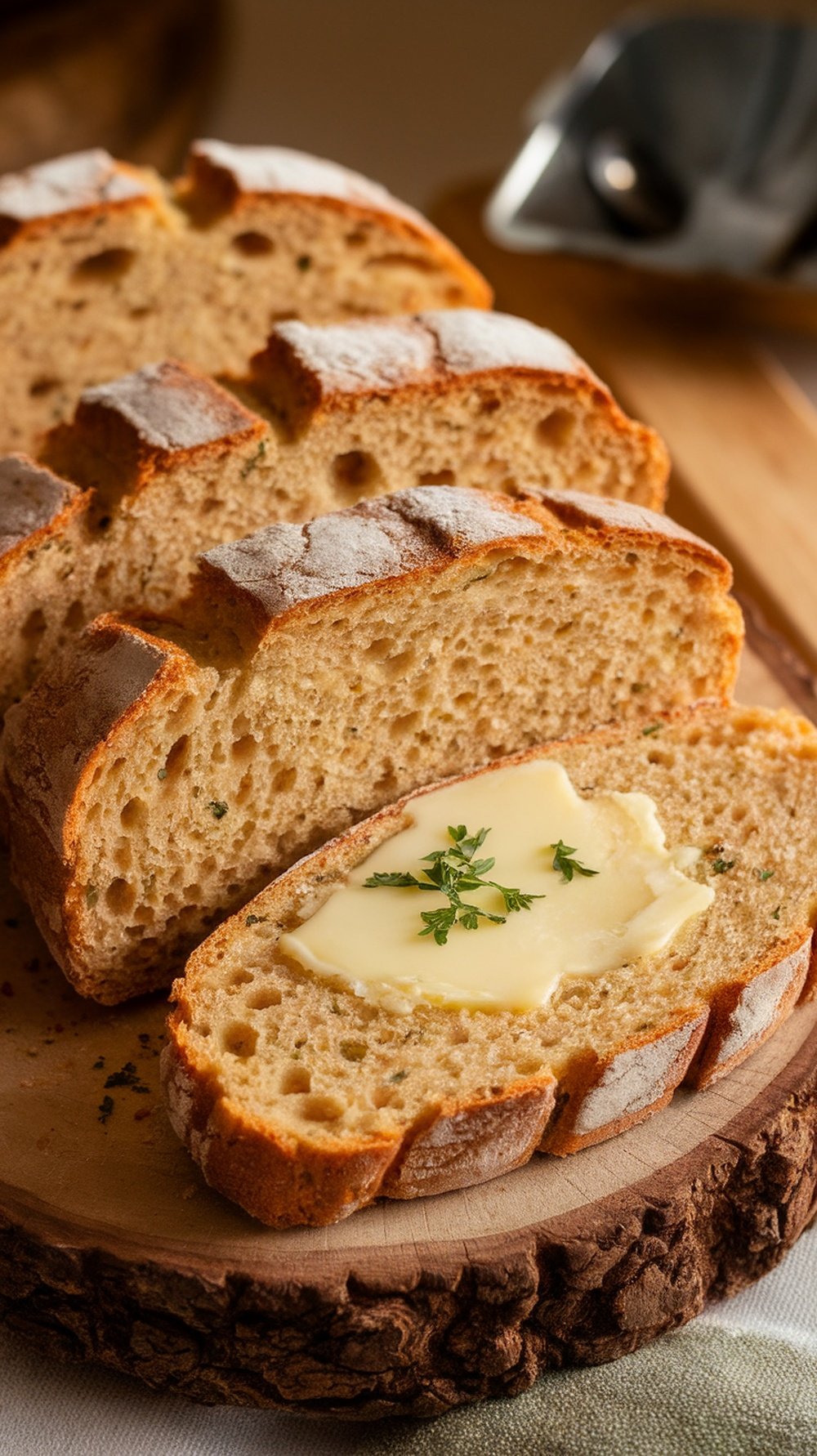 Slices of Irish soda bread with butter on a wooden board.