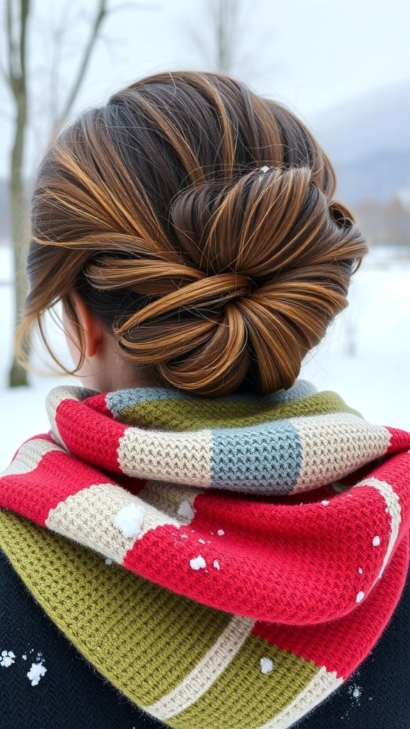 A woman with a twisted low bun hairstyle, wearing a colorful scarf, set against a snowy background.