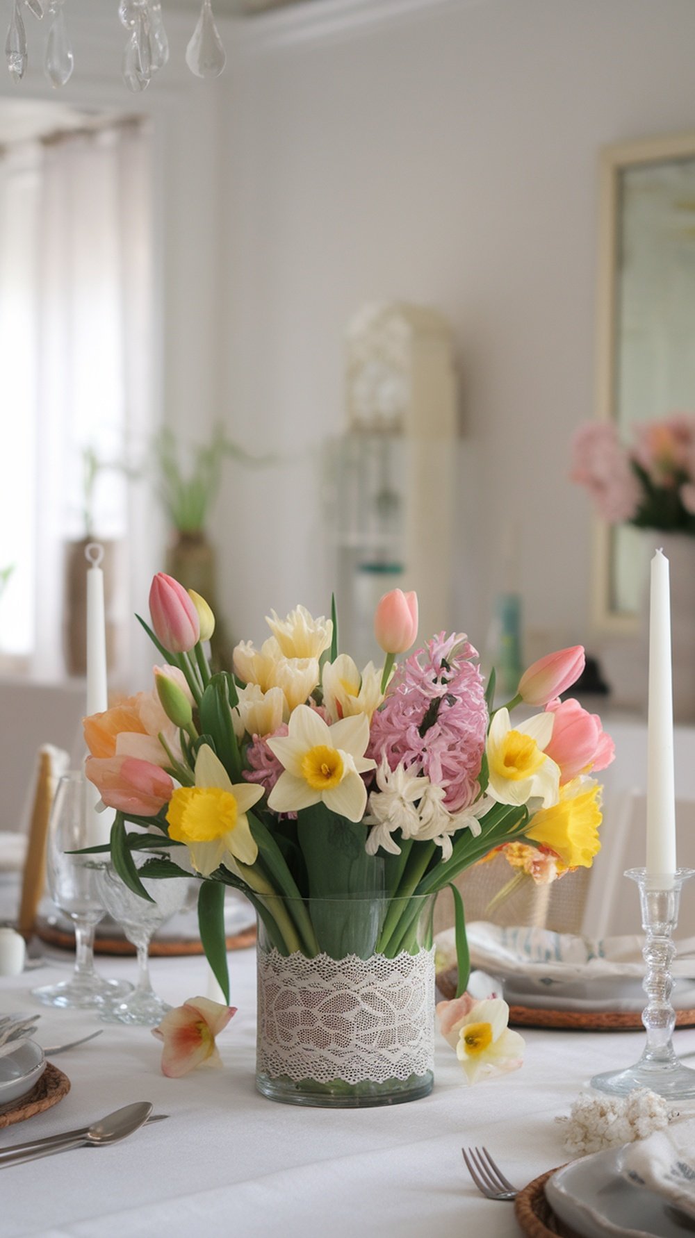 A vibrant floral arrangement featuring tulips, daffodils, and hyacinths in a lace-trimmed vase on a dining table.