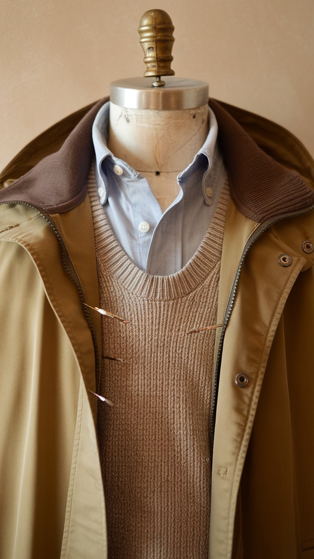 A layering guide showcasing various winter outfits with jackets, sweaters, and accessories.