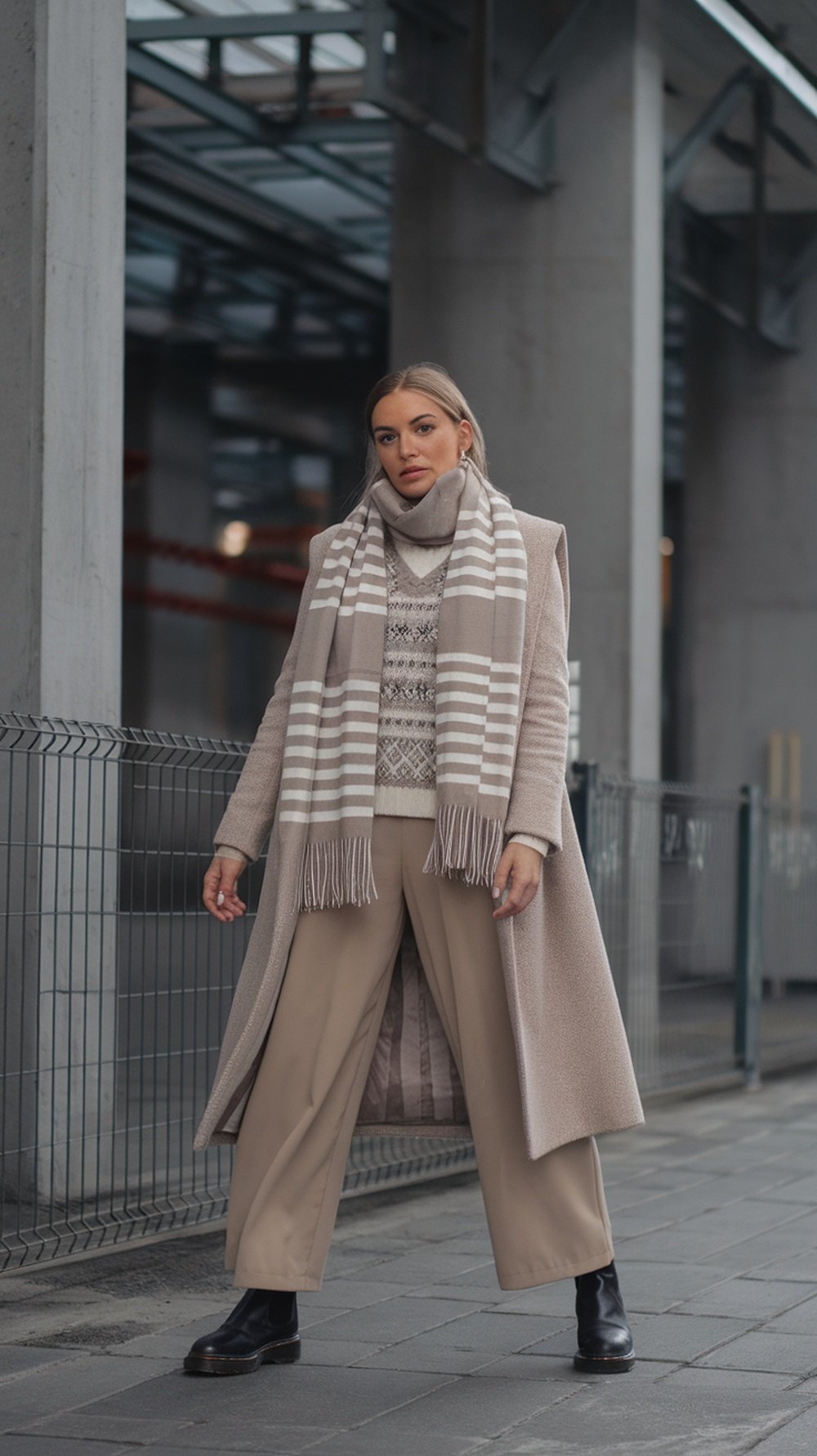 A woman in a neutral winter outfit featuring a patterned sweater, striped scarf, and wide-leg trousers.