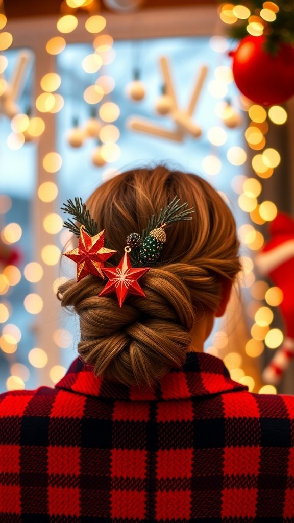 A woman with a braided low bun decorated with holiday accents, including red stars and green pine, set against a backdrop of festive lights.