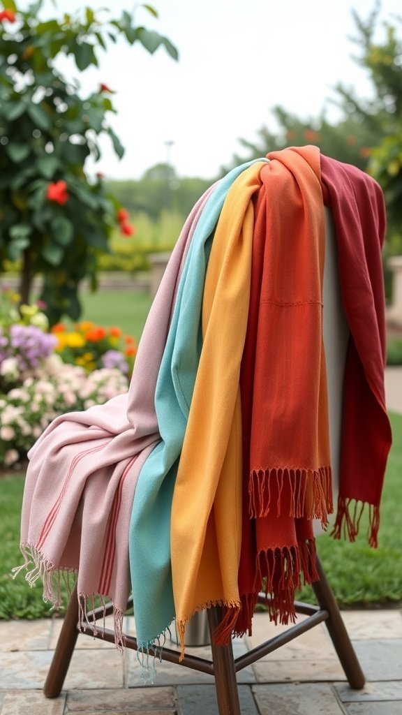 A collection of colorful lightweight scarves displayed on a chair in a garden setting.