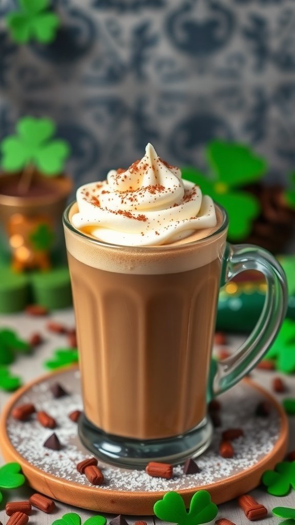 A delicious Irish coffee topped with whipped cream, surrounded by festive St. Patrick's Day decorations.